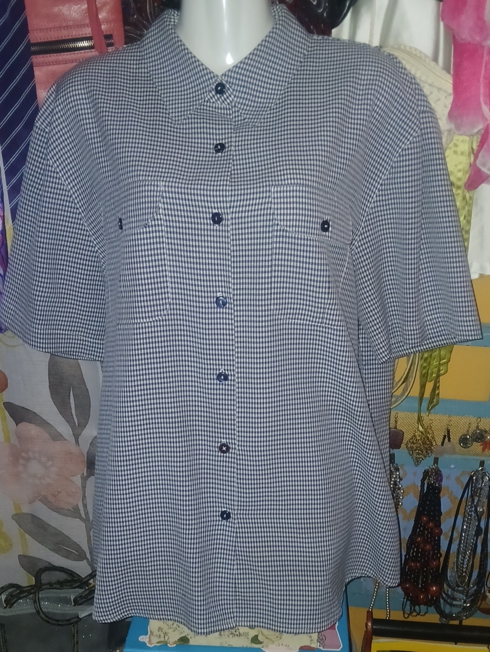 90s Vintage Joanna Short Sleeve Button-Down Rayon Shirt in Navy Gingham XL